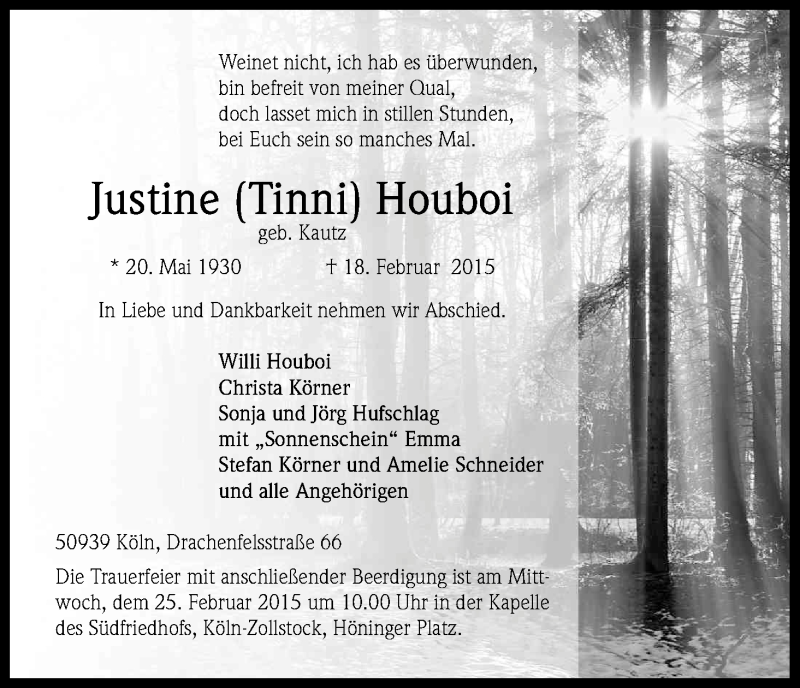  Traueranzeige für Justine Houboi vom 21.02.2015 aus Kölner Stadt-Anzeiger / Kölnische Rundschau / Express