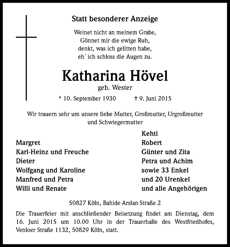  Traueranzeige für Katharina Hövel vom 13.06.2015 aus Kölner Stadt-Anzeiger / Kölnische Rundschau / Express