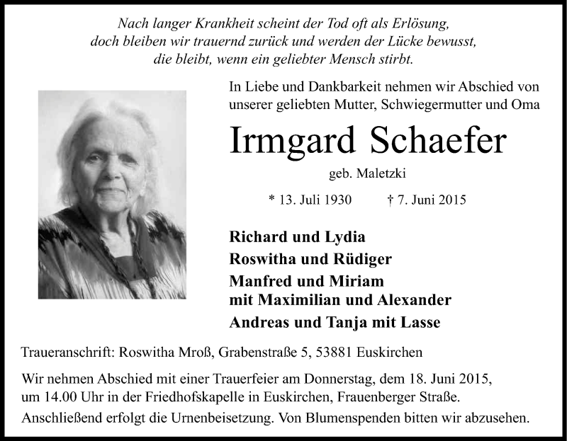  Traueranzeige für Irmgard Schaefer vom 13.06.2015 aus Kölner Stadt-Anzeiger / Kölnische Rundschau / Express