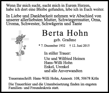 Anzeige von Berta Hohn von Kölner Stadt-Anzeiger / Kölnische Rundschau / Express