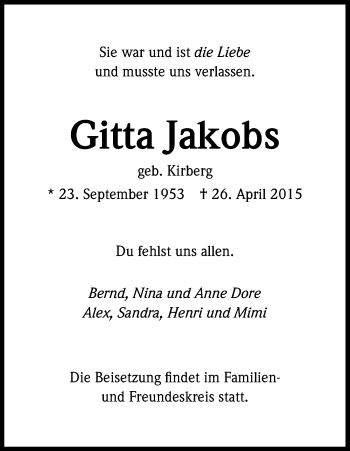 Anzeige von Gitta Jakobs von Kölner Stadt-Anzeiger / Kölnische Rundschau / Express