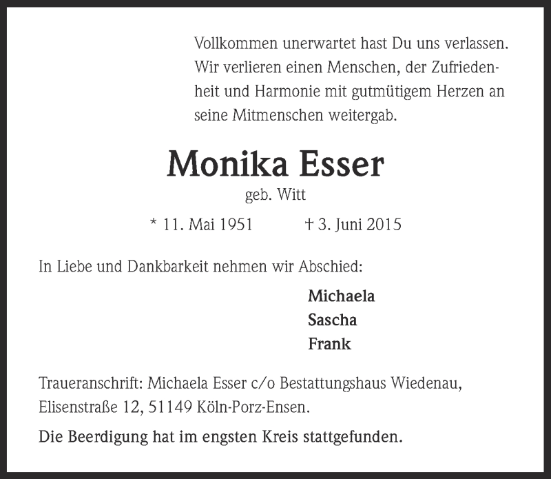  Traueranzeige für Monika Esser vom 17.06.2015 aus  Kölner Wochenspiegel 