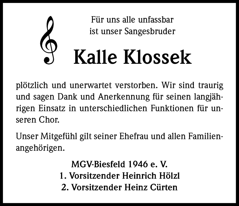  Traueranzeige für Karl Klossek vom 07.03.2015 aus Kölner Stadt-Anzeiger / Kölnische Rundschau / Express