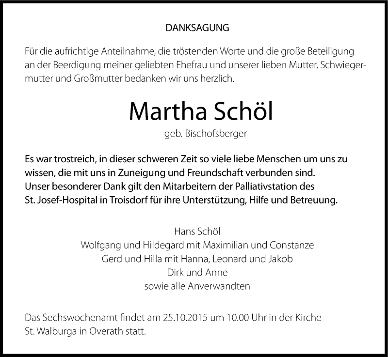  Traueranzeige für Martha Schöl vom 17.10.2015 aus Kölner Stadt-Anzeiger / Kölnische Rundschau / Express