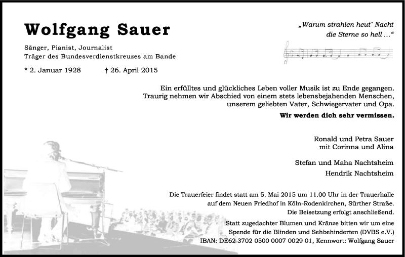  Traueranzeige für Wolfgang Sauer vom 02.05.2015 aus Kölner Stadt-Anzeiger / Kölnische Rundschau / Express