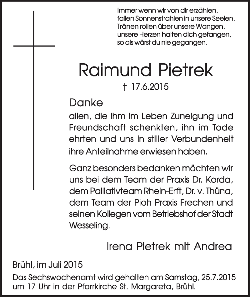  Traueranzeige für Raimund Pietrek vom 22.07.2015 aus  Schlossbote/Werbekurier 