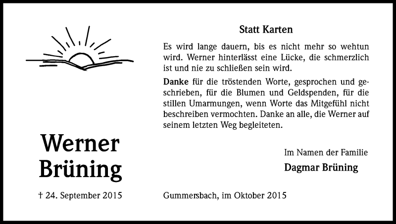  Traueranzeige für Werner Brüning vom 31.10.2015 aus Kölner Stadt-Anzeiger / Kölnische Rundschau / Express