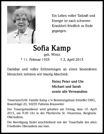Anzeige von Sofia Kamp von Kölner Stadt-Anzeiger / Kölnische Rundschau / Express