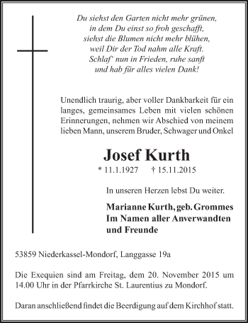Anzeige von Josef Kurth von  Extra Blatt 