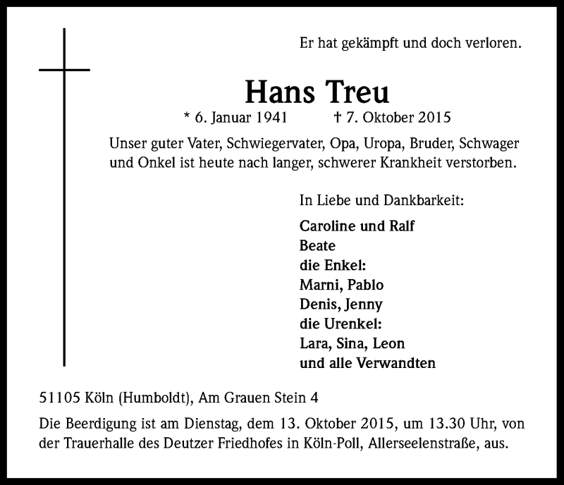  Traueranzeige für Hans Treu vom 10.10.2015 aus Kölner Stadt-Anzeiger / Kölnische Rundschau / Express