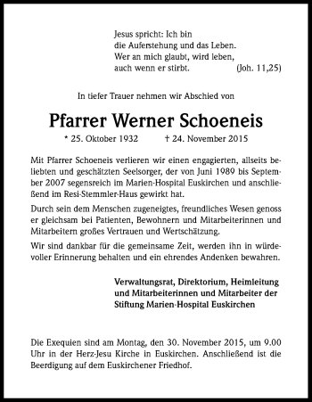 Anzeige von Werner Schoeneis von Kölner Stadt-Anzeiger / Kölnische Rundschau / Express