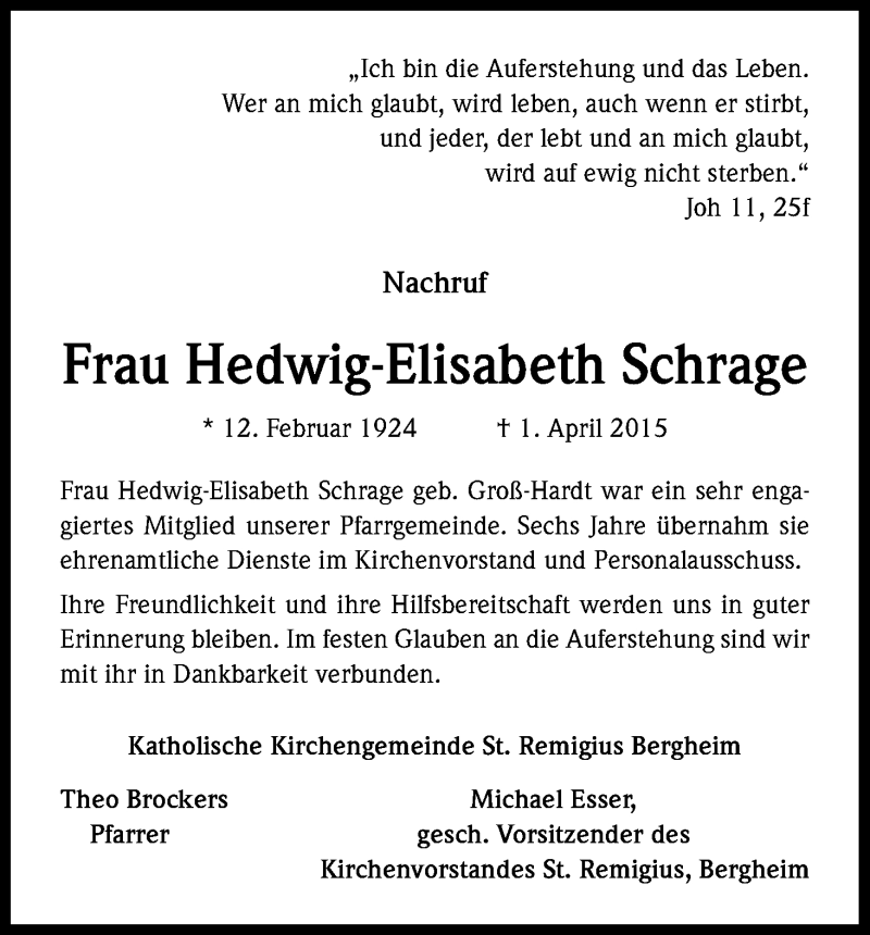  Traueranzeige für Hedwig-Elisabeth Schrage vom 10.04.2015 aus Kölner Stadt-Anzeiger / Kölnische Rundschau / Express