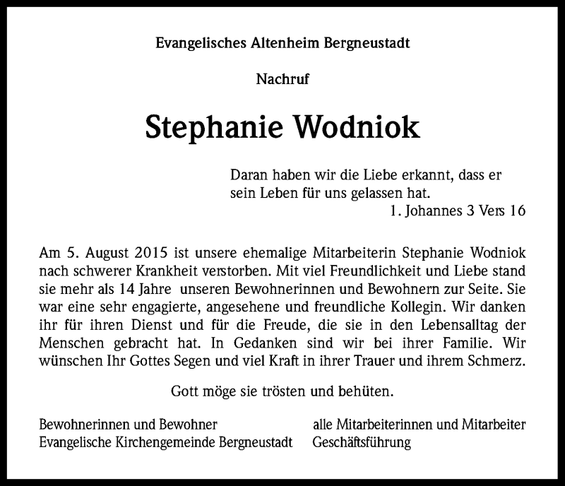  Traueranzeige für Stephanie Wodniok vom 29.08.2015 aus Kölner Stadt-Anzeiger / Kölnische Rundschau / Express