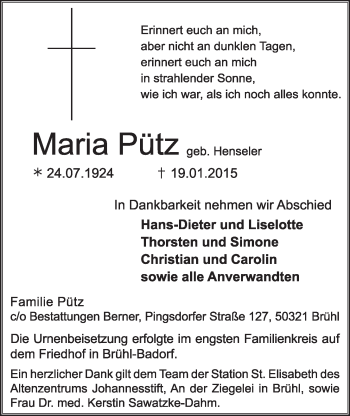Anzeige von Maria Pütz von  Schlossbote/Werbekurier 
