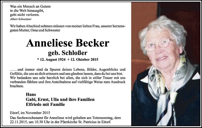 Traueranzeige für Anneliese Becker vom 14.11.2015 aus Köln - Wir Trauern