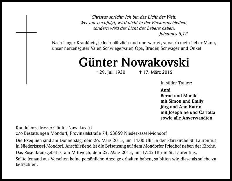  Traueranzeige für Günter Nowakovski vom 21.03.2015 aus Kölner Stadt-Anzeiger / Kölnische Rundschau / Express