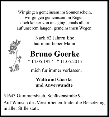 Anzeige von Bruno Goerke von Kölner Stadt-Anzeiger / Kölnische Rundschau / Express