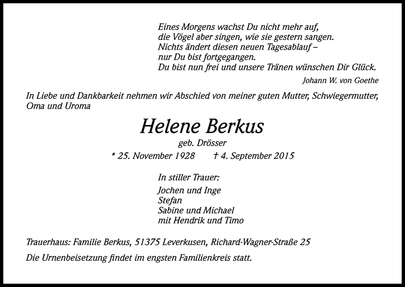  Traueranzeige für Helene Berkus vom 26.09.2015 aus Kölner Stadt-Anzeiger / Kölnische Rundschau / Express