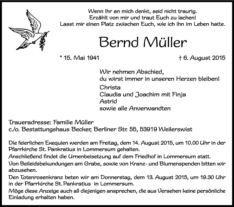  Traueranzeige für Bernd Müller vom 12.08.2015 aus Kölner Stadt-Anzeiger / Kölnische Rundschau / Express