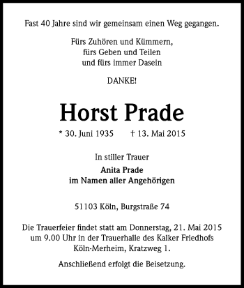 Anzeige von Horst Prade von Kölner Stadt-Anzeiger / Kölnische Rundschau / Express