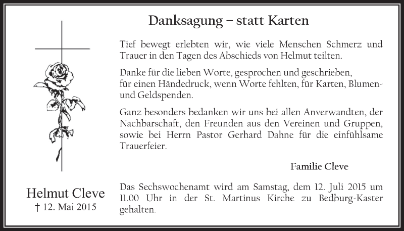  Traueranzeige für Helmut Cleve vom 08.07.2015 aus  Werbepost 
