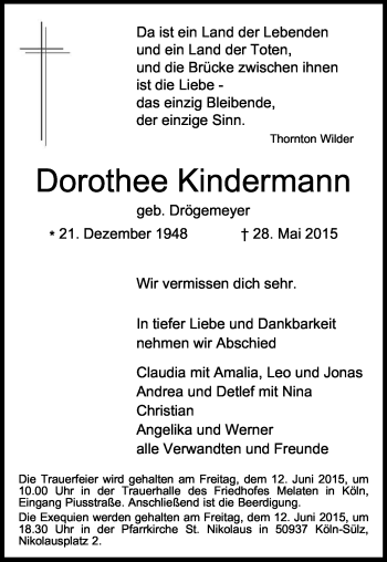 Anzeige von Dorothee Kindermann von Kölner Stadt-Anzeiger / Kölnische Rundschau / Express