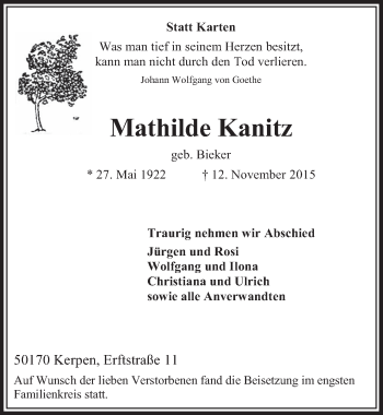 Anzeige von Mathilde Kanitz von  Sonntags-Post 