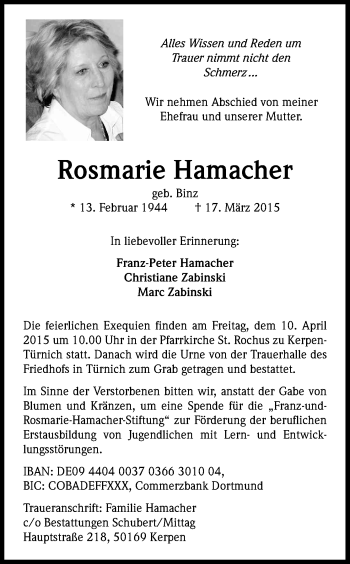 Anzeige von Rosmarie Hamacher von Kölner Stadt-Anzeiger / Kölnische Rundschau / Express