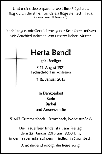 Anzeige von Herta Bendl von Kölner Stadt-Anzeiger / Kölnische Rundschau / Express