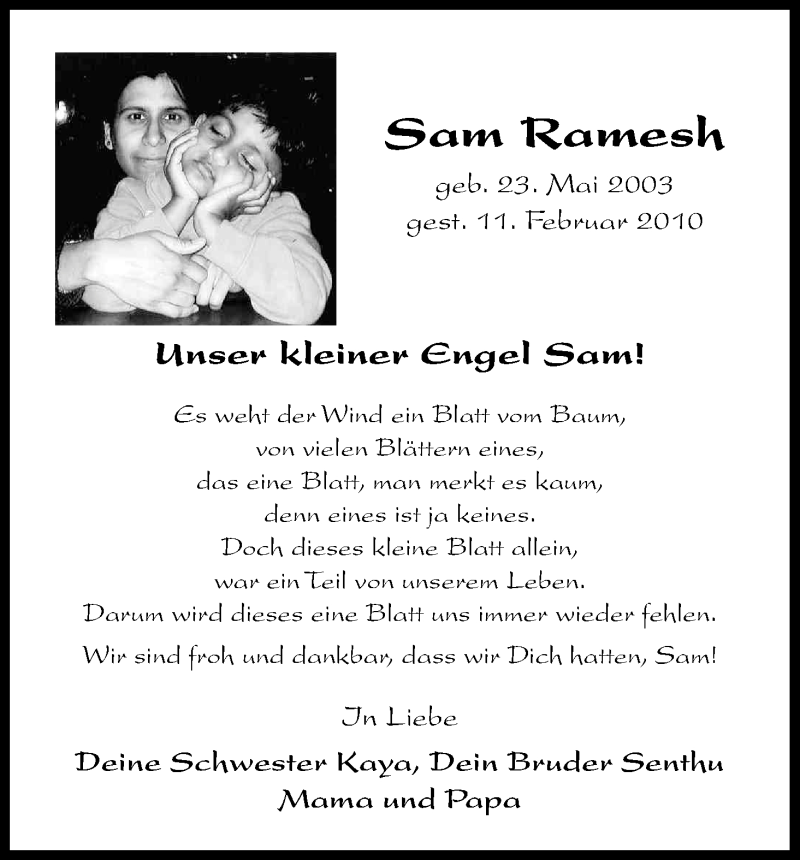  Traueranzeige für Sam Ramesh vom 11.02.2015 aus Kölner Stadt-Anzeiger / Kölnische Rundschau / Express
