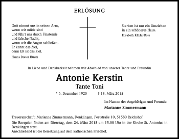 Anzeige von Antonie Kerstin von Kölner Stadt-Anzeiger / Kölnische Rundschau / Express