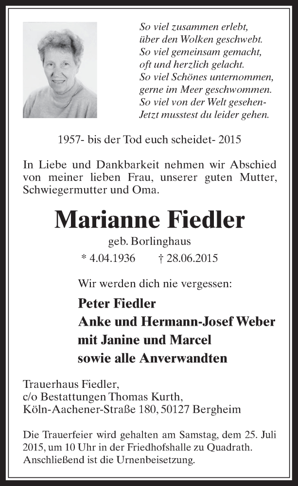  Traueranzeige für Marianne Fiedler vom 22.07.2015 aus  Werbepost 