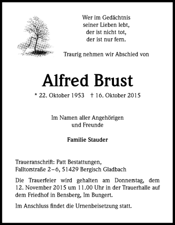 Anzeige von Alfred Brust von Kölner Stadt-Anzeiger / Kölnische Rundschau / Express