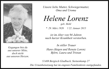 Anzeige von Helene Lorenz von Kölner Stadt-Anzeiger / Kölnische Rundschau / Express