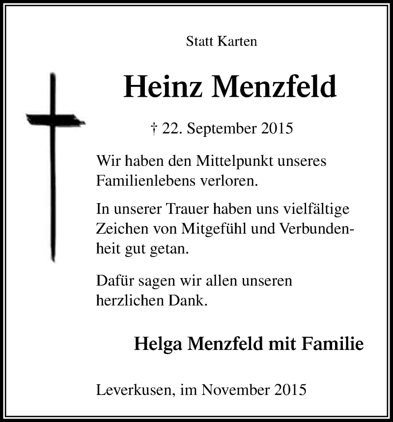  Traueranzeige für Heinz Menzfeld vom 06.11.2015 aus Kölner Stadt-Anzeiger / Kölnische Rundschau / Express