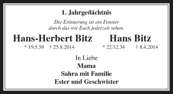 Anzeige von Hans-Herbert und Hans Bitz von  Wochenende 