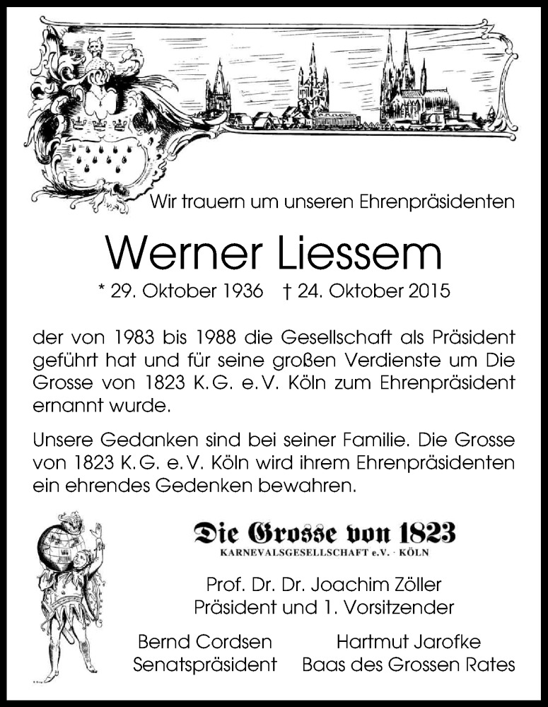  Traueranzeige für Werner Liessem vom 31.10.2015 aus Kölner Stadt-Anzeiger / Kölnische Rundschau / Express