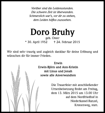 Anzeige von Doro Bruhy von Kölner Stadt-Anzeiger / Kölnische Rundschau / Express
