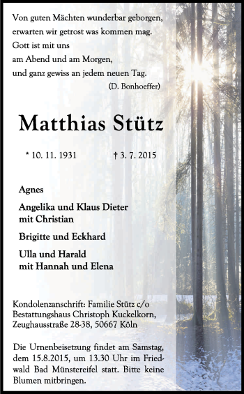 Anzeige von Matthias Stütz von Kölner Stadt-Anzeiger / Kölnische Rundschau / Express