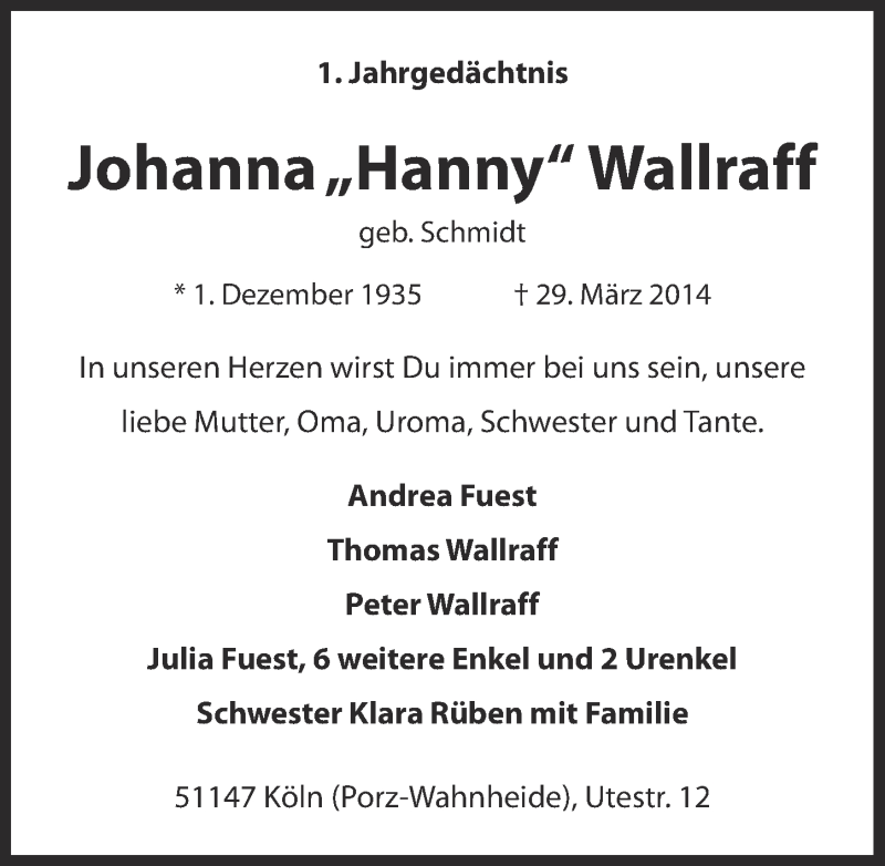  Traueranzeige für Johanna Wallraff vom 25.03.2015 aus  Kölner Wochenspiegel 