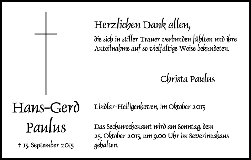  Traueranzeige für Hans-Gerd Paulus vom 17.10.2015 aus Kölner Stadt-Anzeiger / Kölnische Rundschau / Express