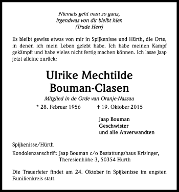 Anzeige von Ulrike Mechthilde Bouman-Clasen von Kölner Stadt-Anzeiger / Kölnische Rundschau / Express