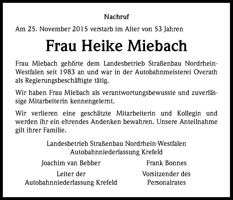  Traueranzeige für Heike Miebach vom 05.12.2015 aus Kölner Stadt-Anzeiger / Kölnische Rundschau / Express