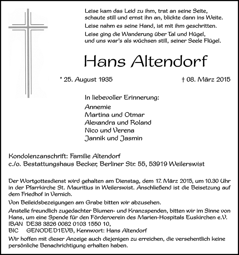  Traueranzeige für Hans Altendorf vom 15.03.2015 aus  Blickpunkt Euskirchen 
