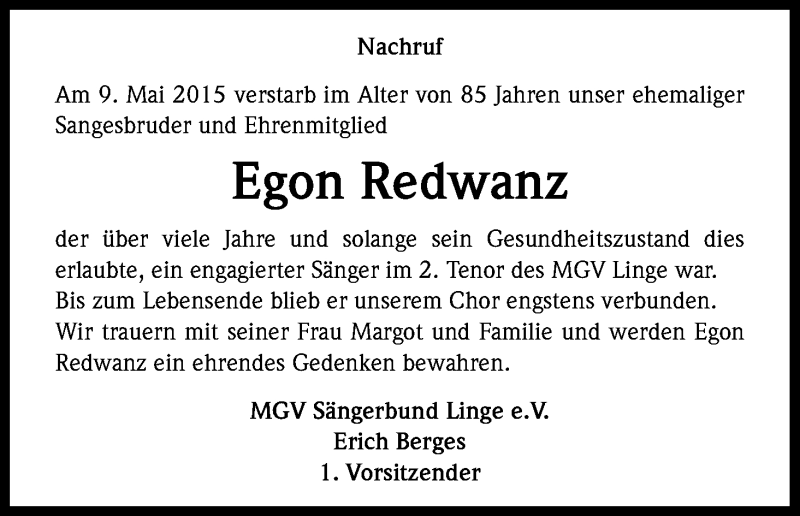  Traueranzeige für Egon Redwanz vom 16.05.2015 aus Kölner Stadt-Anzeiger / Kölnische Rundschau / Express