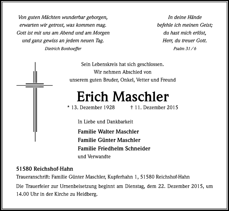  Traueranzeige für Erich Maschler vom 17.12.2015 aus Kölner Stadt-Anzeiger / Kölnische Rundschau / Express