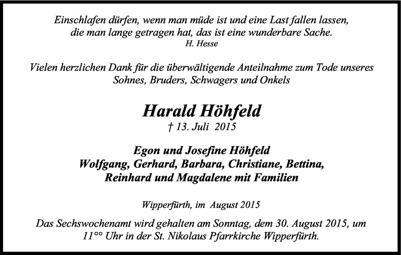  Traueranzeige für Harald Höhfeld vom 22.08.2015 aus Kölner Stadt-Anzeiger / Kölnische Rundschau / Express