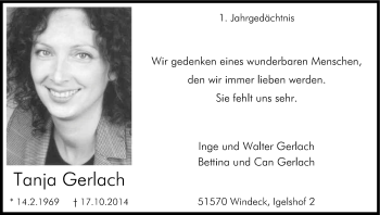 Anzeige von Tanja Gerlach von Kölner Stadt-Anzeiger / Kölnische Rundschau / Express