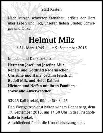 Anzeige von Helmut Milz von Kölner Stadt-Anzeiger / Kölnische Rundschau / Express