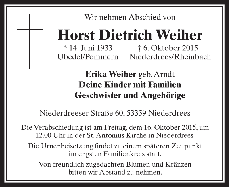  Traueranzeige für Horst Dietrich Weiher vom 14.10.2015 aus  Schaufenster/Blickpunkt 